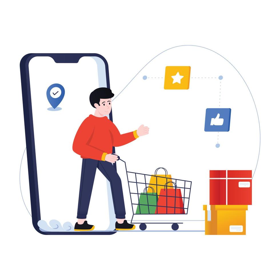 Person with bags and star, showing the concept of shopping feedback flat illustration vector