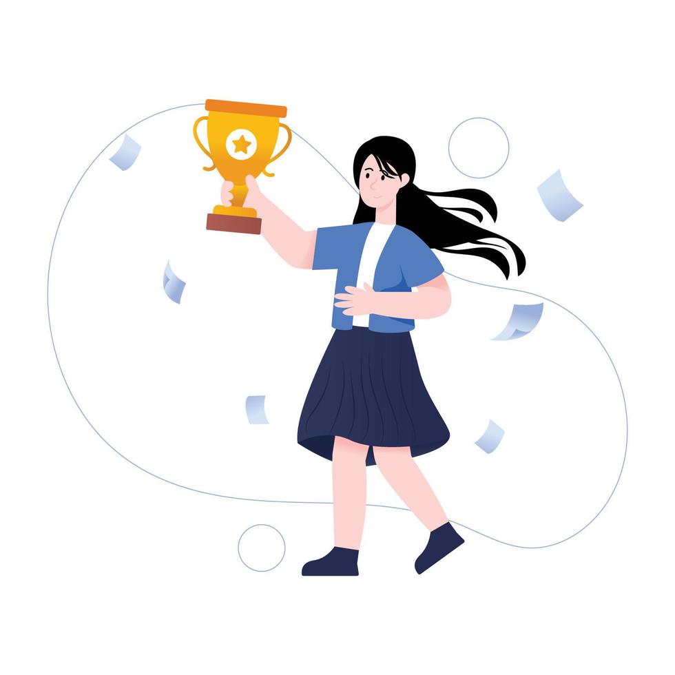 Girl holding a trophy cup, flat illustration of achievement vector