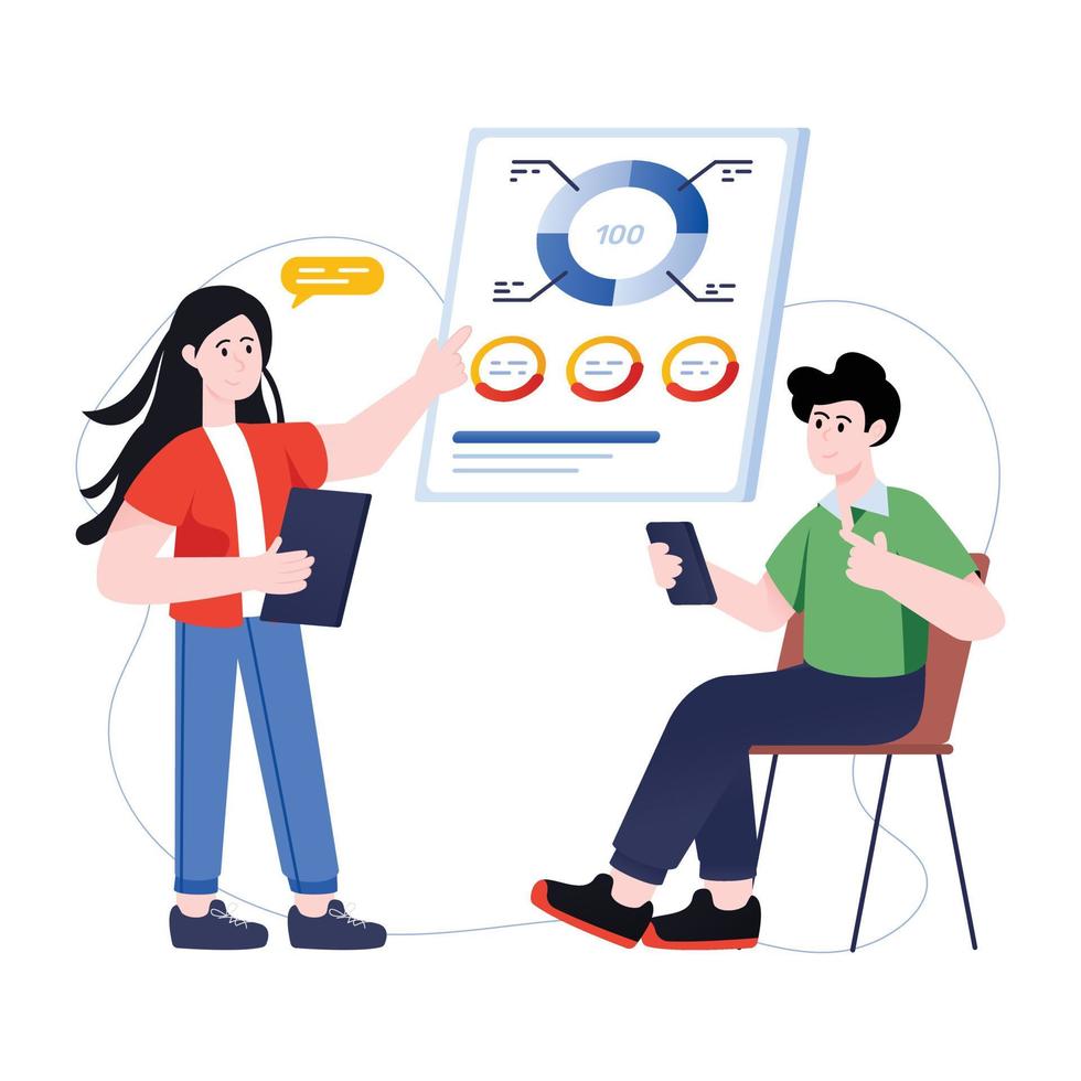 Persons with chart and graphs, flat illustration of business discussion vector