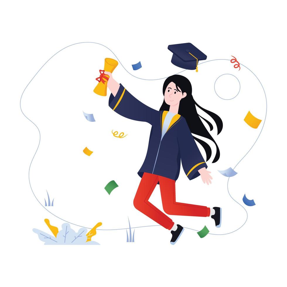 Girl with mortarboard and degree, flat illustration of graduate vector