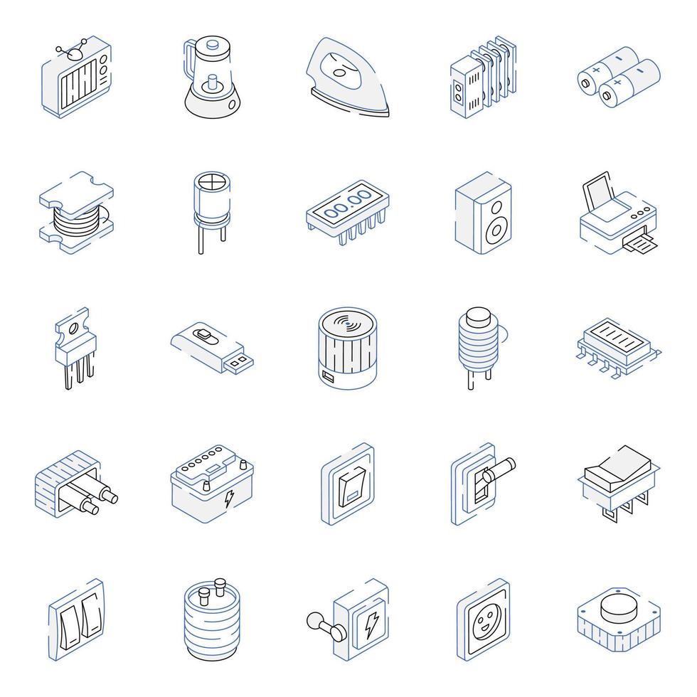 Electronic Components and Appliances Outline Isometric Icons vector