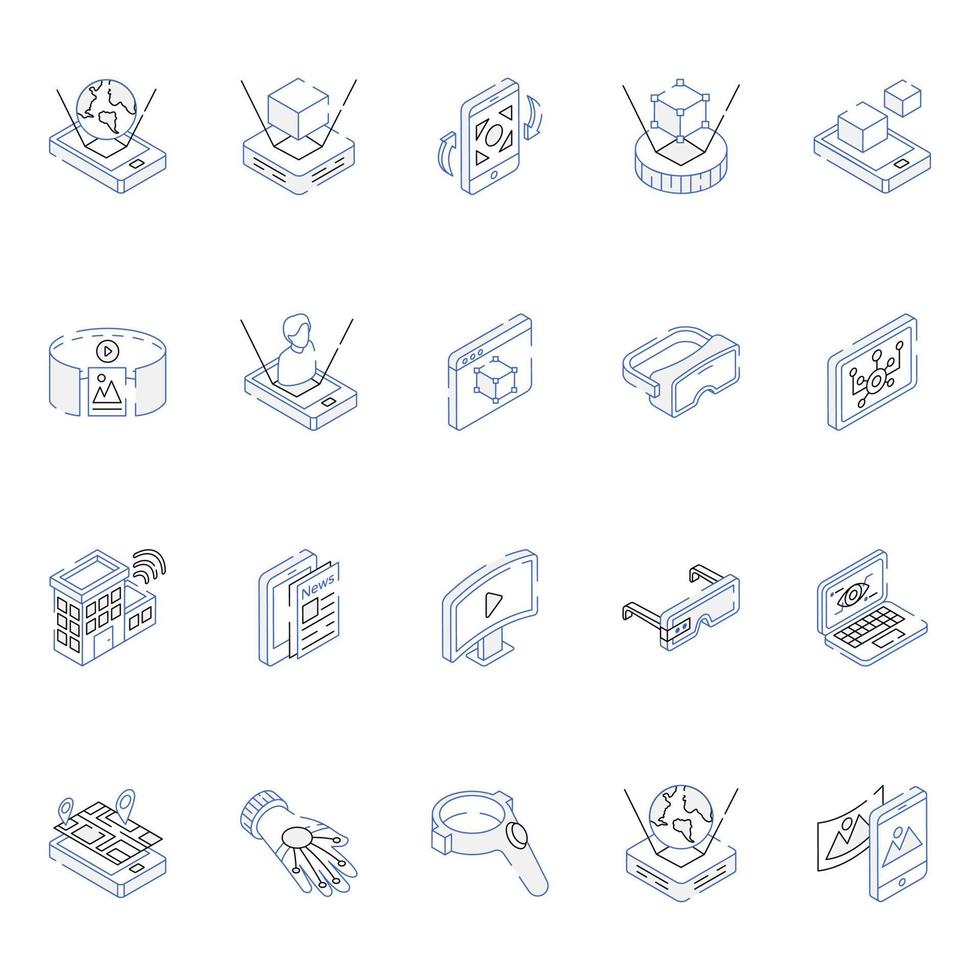 Isometric Outline Icons of Virtual Reality vector
