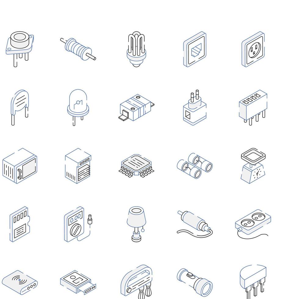 Electronic Components Outline Isometric Icons vector