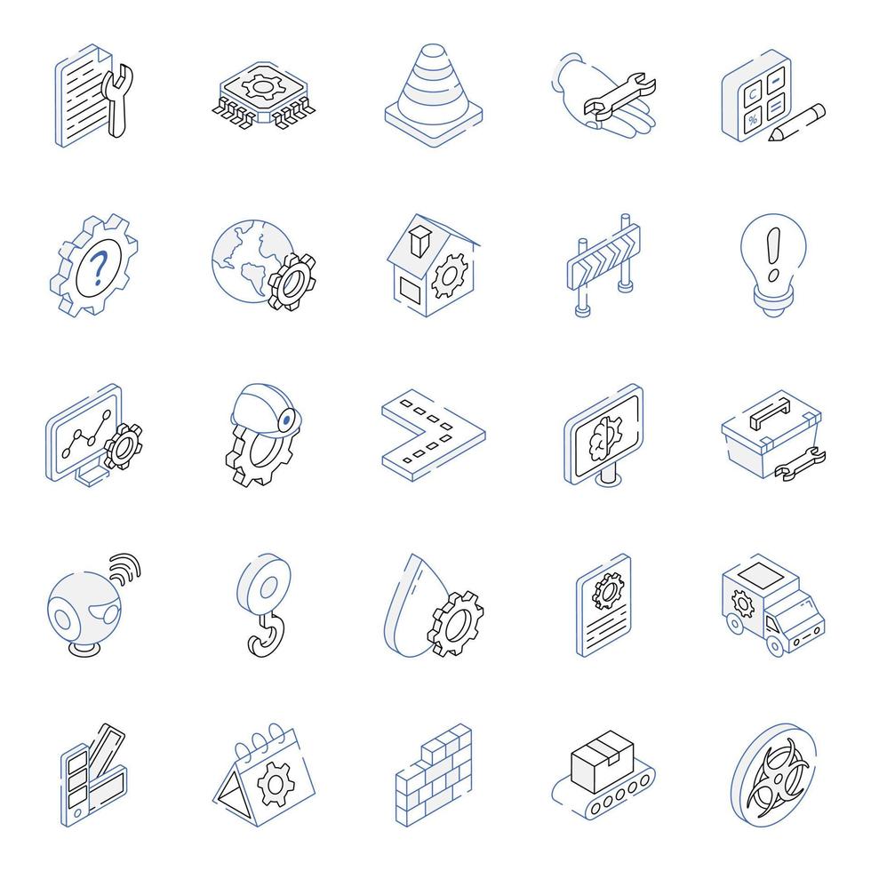 Set of Mechanics Isometric Outline Icons vector