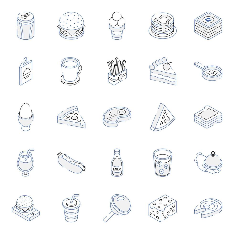 paquete de alimentos y bebidas esbozar iconos isométricos vector
