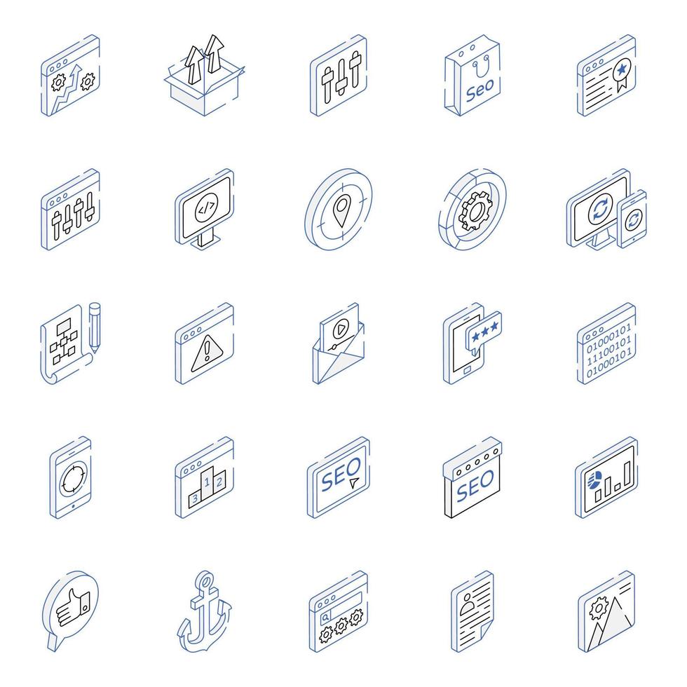 SEO and Development Outline Isometric Icons vector