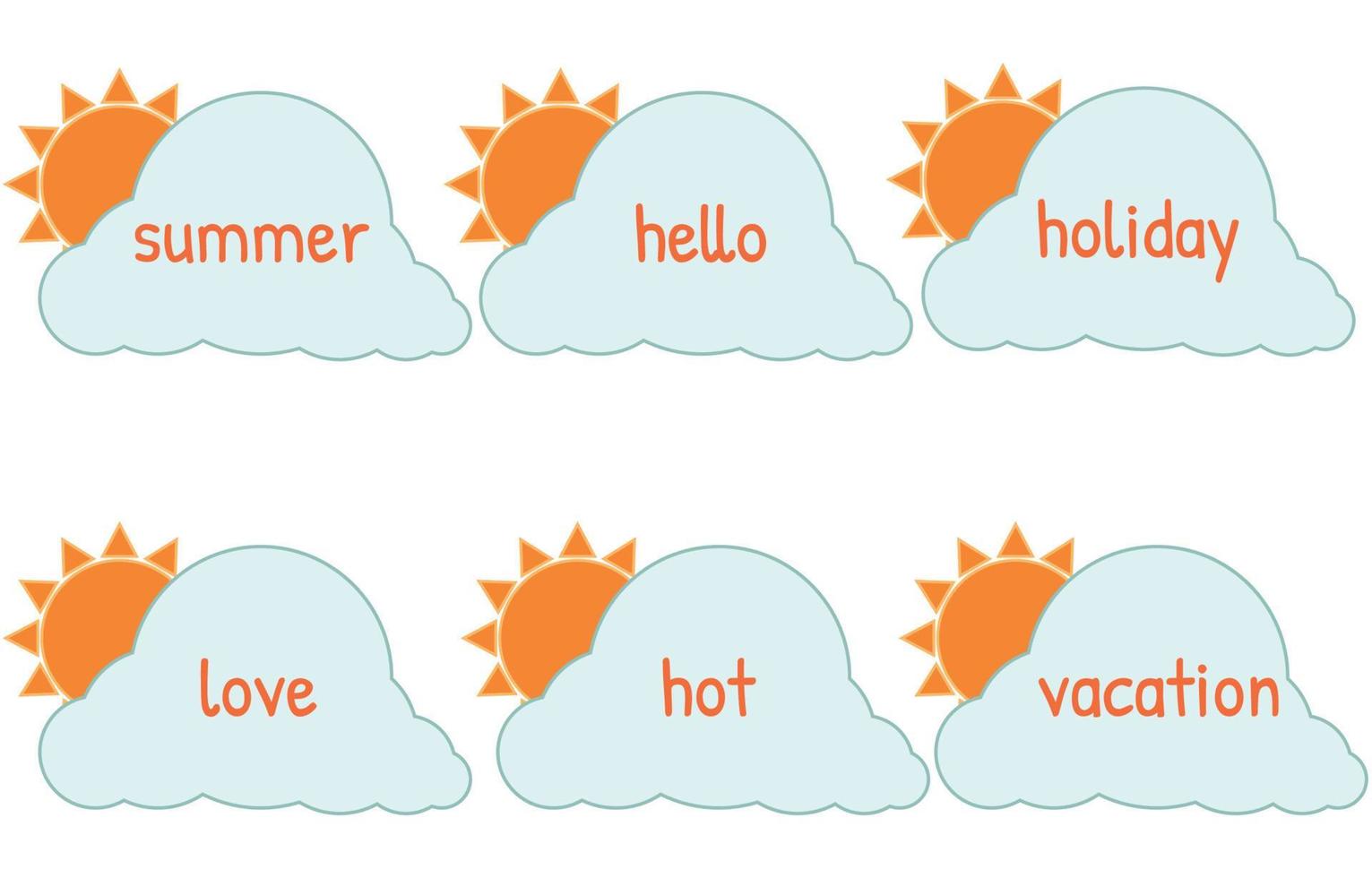 Vector illustration of speech bubbles of sun and cloud on white background and lettering hello summer, summer background concept, minimalistic style.