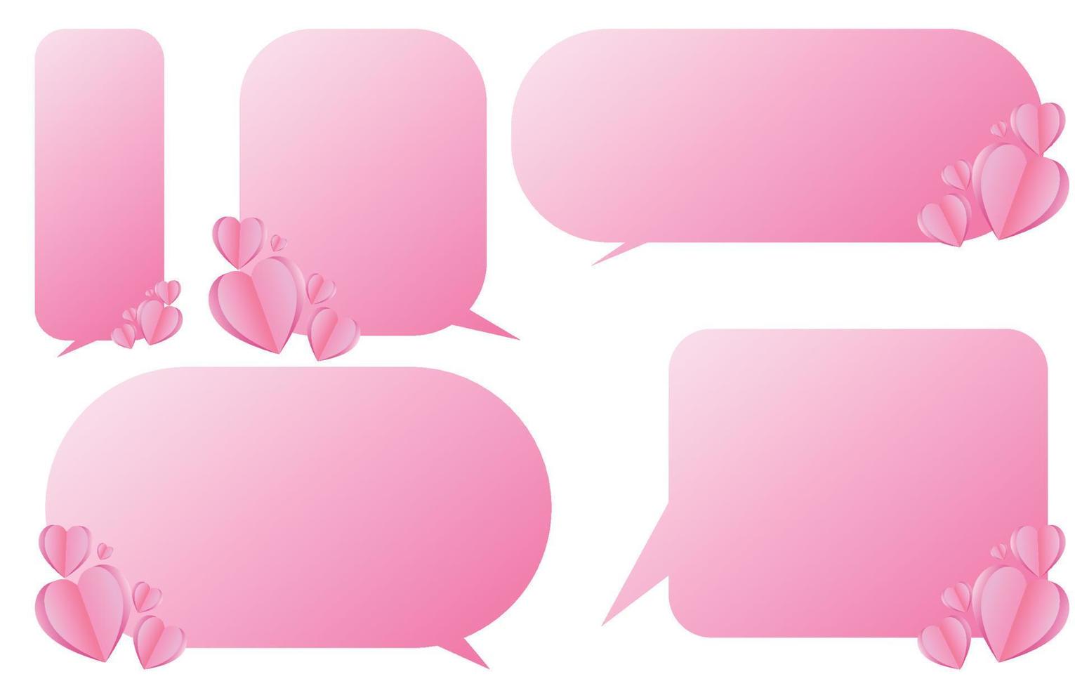 conjunto de burbujas decorativas de habla rosa con corazones, comunicación y conversación habladas y habladas aisladas en ilustraciones de vectores blancos, concepto de día de San Valentín