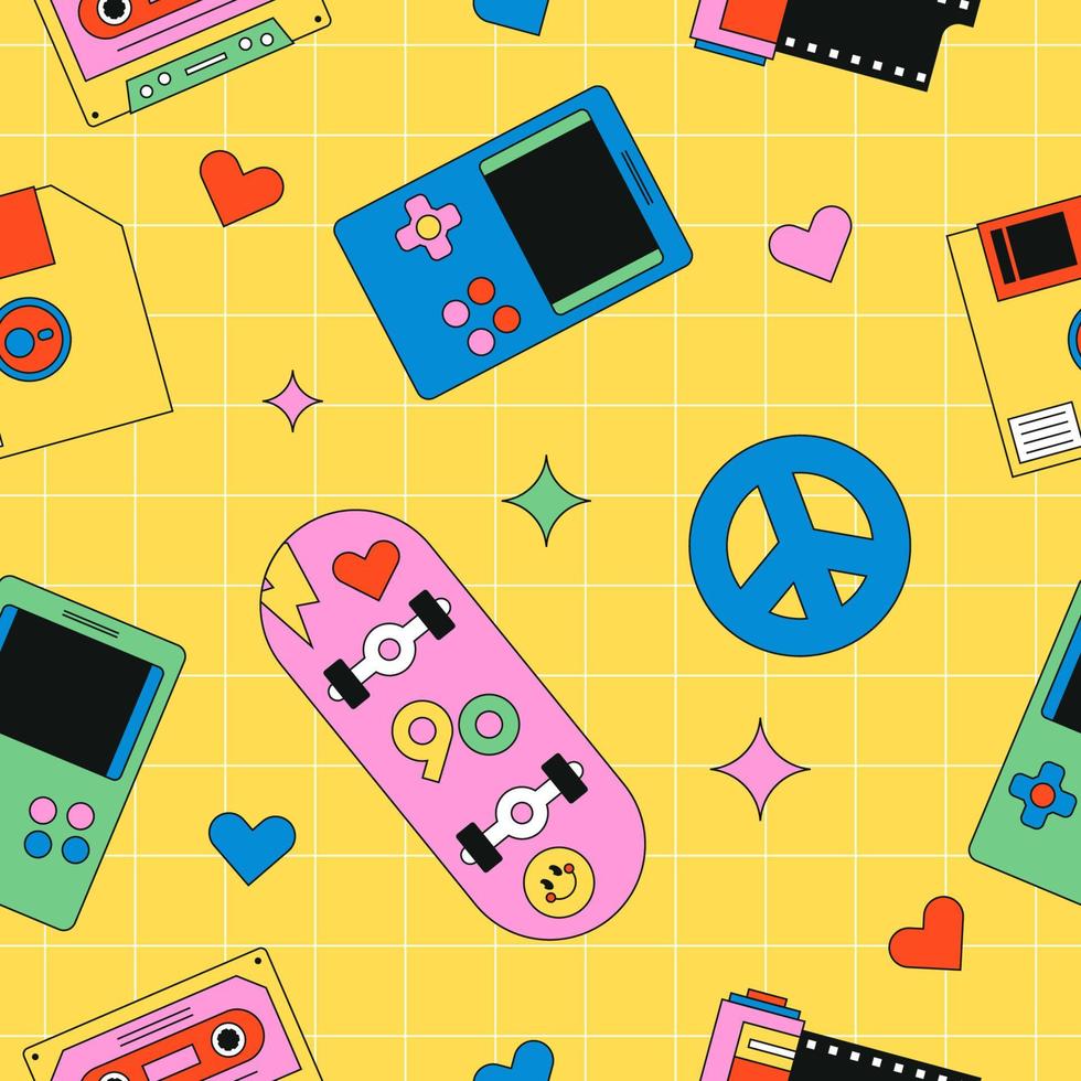 Retro 90's Seamless Pattern with Different Objects vector
