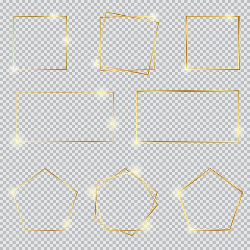 Gold border frame set with light influence, Gold decoration in minimalist style, Metal graphic paper elements in square, rectangle, polygon geometric thin lines. vector
