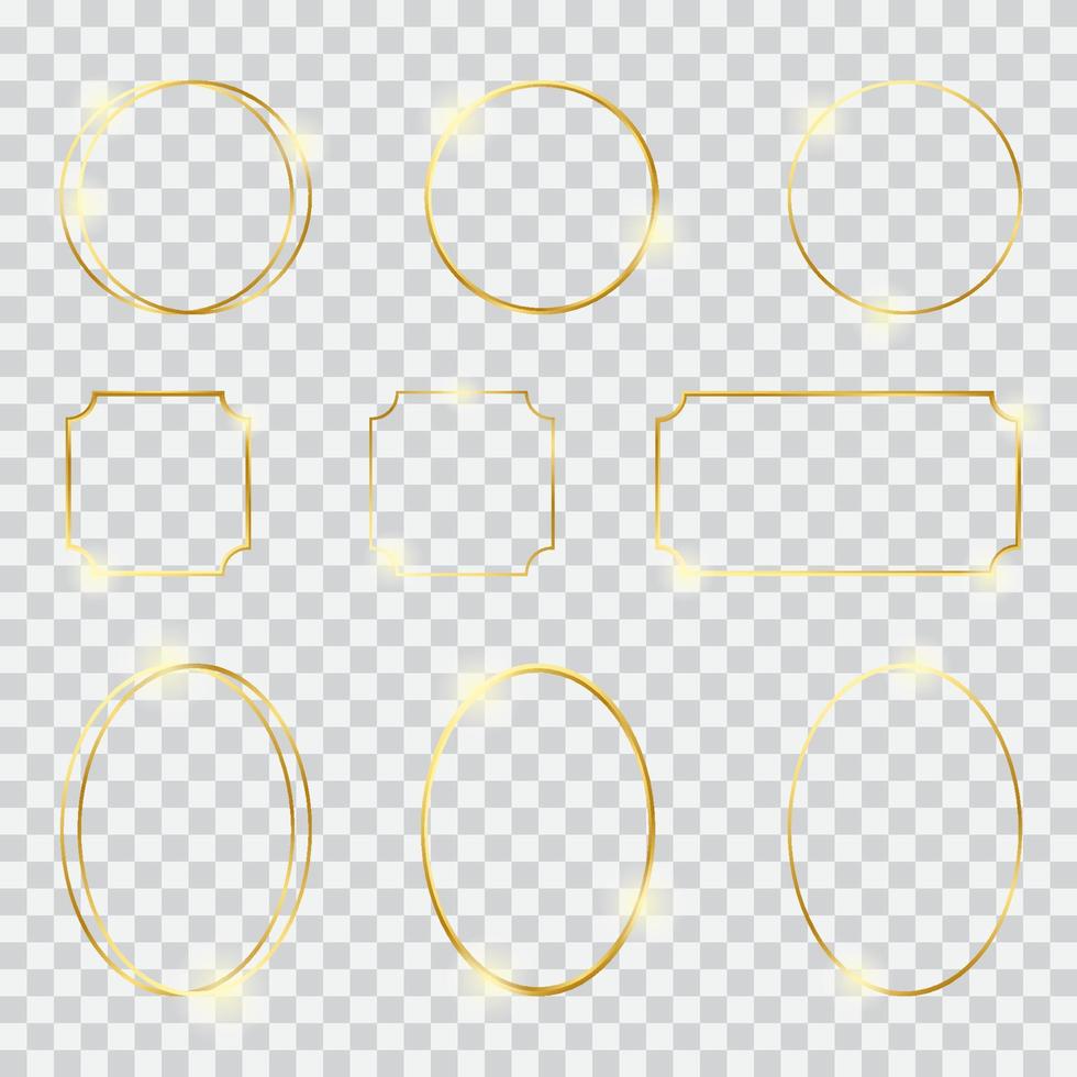 Gold border frame set with light effects, gold decoration in minimalist style, metal graphic paper elements in circles, ovals, thin lines vector