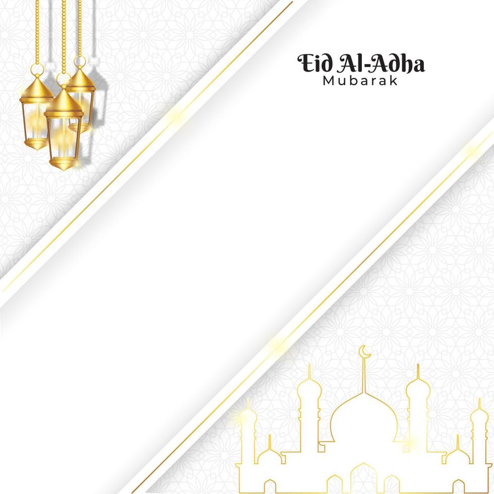 eid al adha fondo tarjeta de felicitación elegante blanco y tira dorada vector