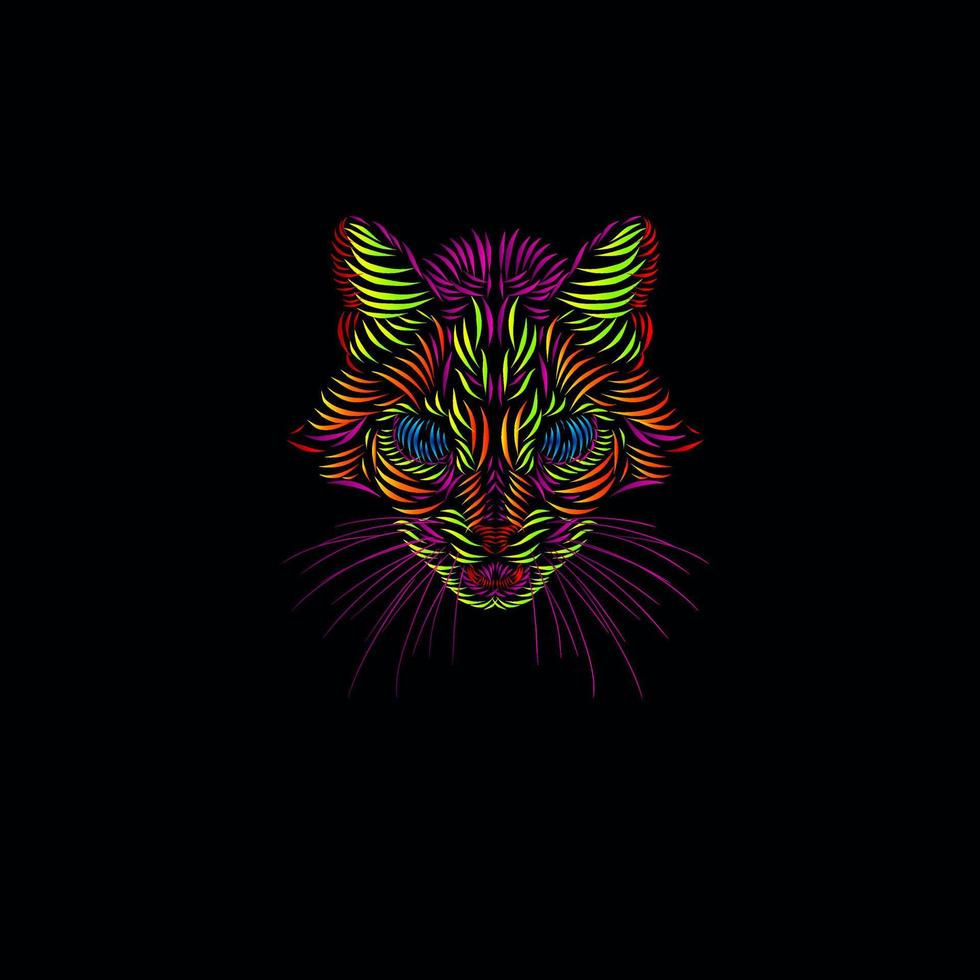 gato lince leopardo pantera tigre línea pop art potrait logo diseño colorido con fondo negro oscuro vector