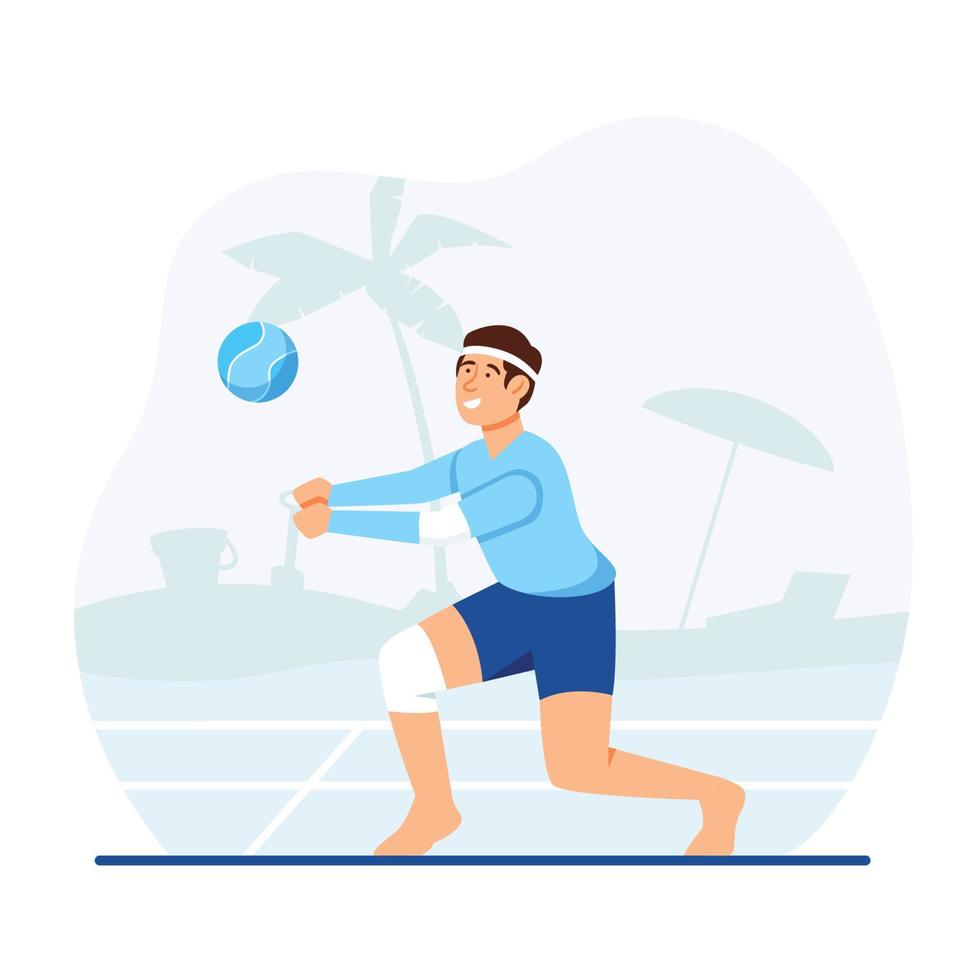 concepto de dibujos animados de jugador de voleibol de playa de hombre vector