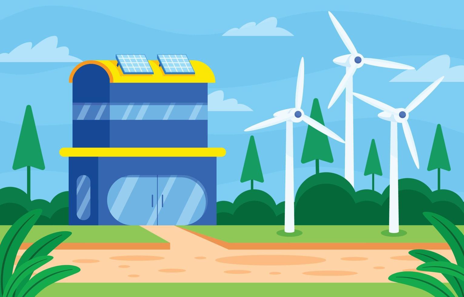 Green Technology House Solar Panel And Wind Turbin Cartoon vector