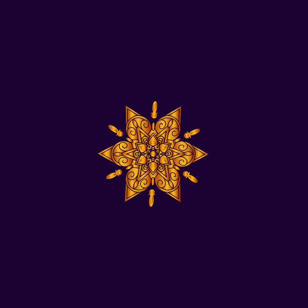 fondo de diseño dorado de mandala de arte de línea de lujo con incrustaciones en fondo púrpura vector