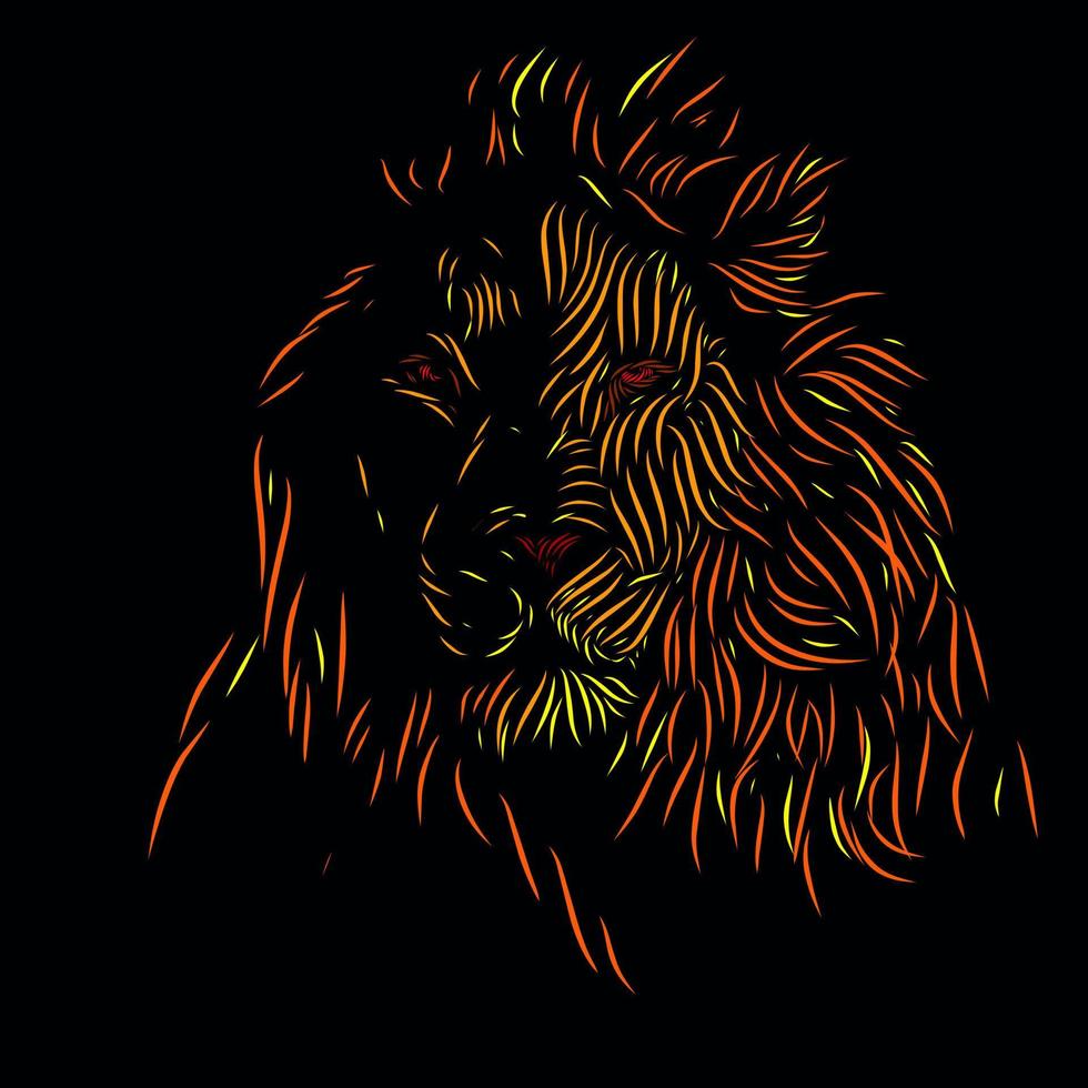 león rey de la selva cabeza cara silueta línea pop art potrait logo diseño colorido con fondo oscuro vector