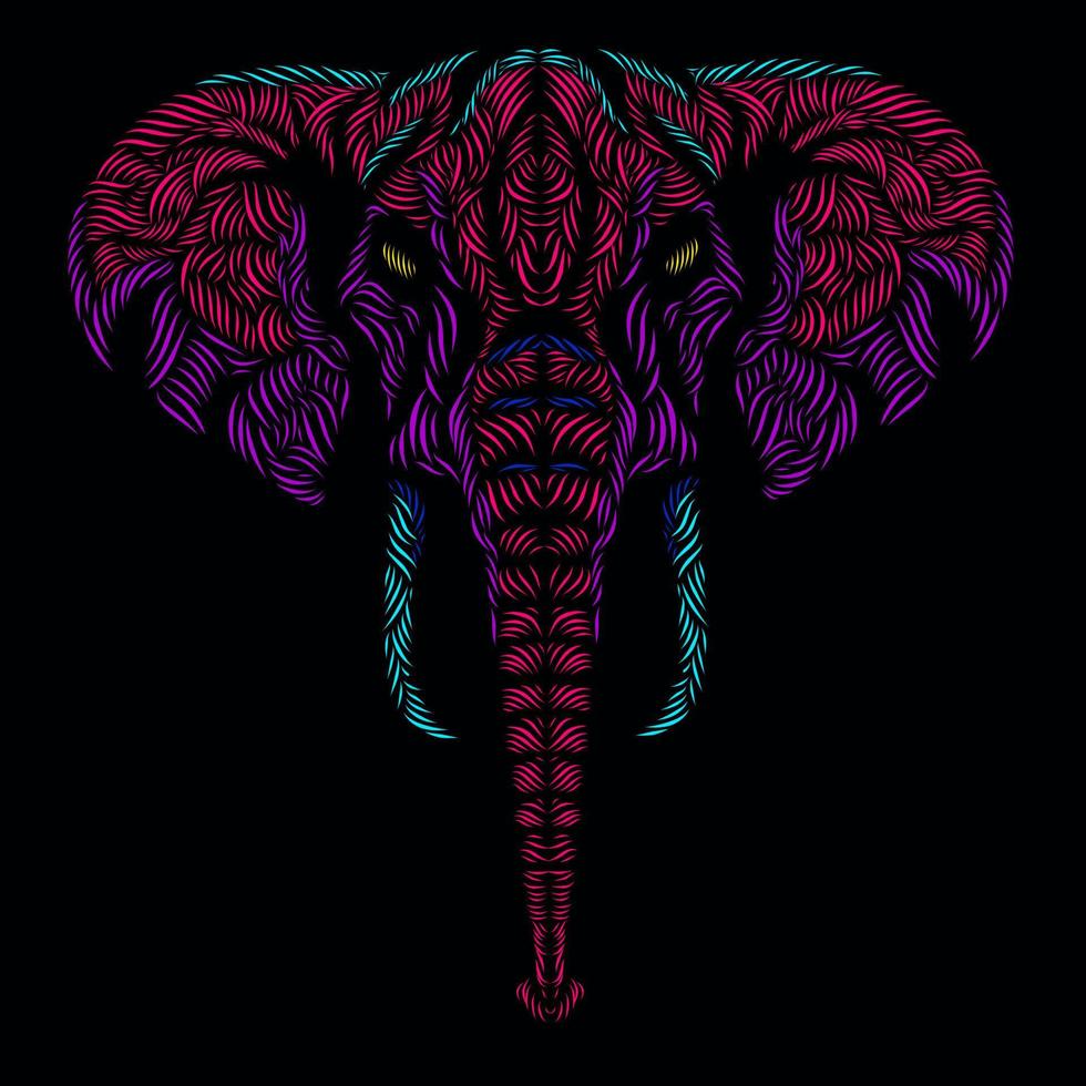 el elefante cabeza cara línea pop art potrait logo diseño colorido con fondo negro oscuro vector