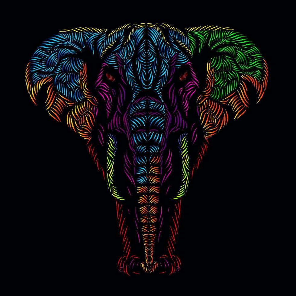 el elefante cabeza cara línea pop art potrait logo diseño colorido con fondo negro oscuro vector