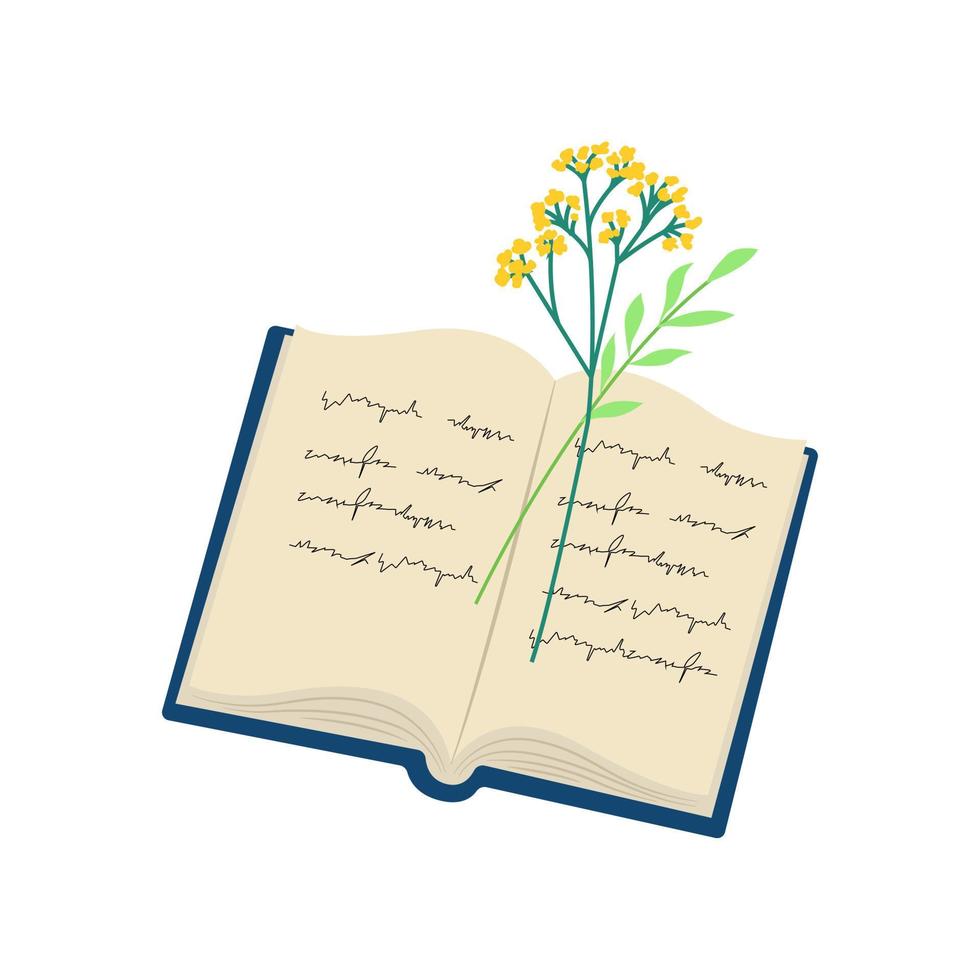 Opened book with flowers, textbook with text, vector illustration. Isolate, flat style