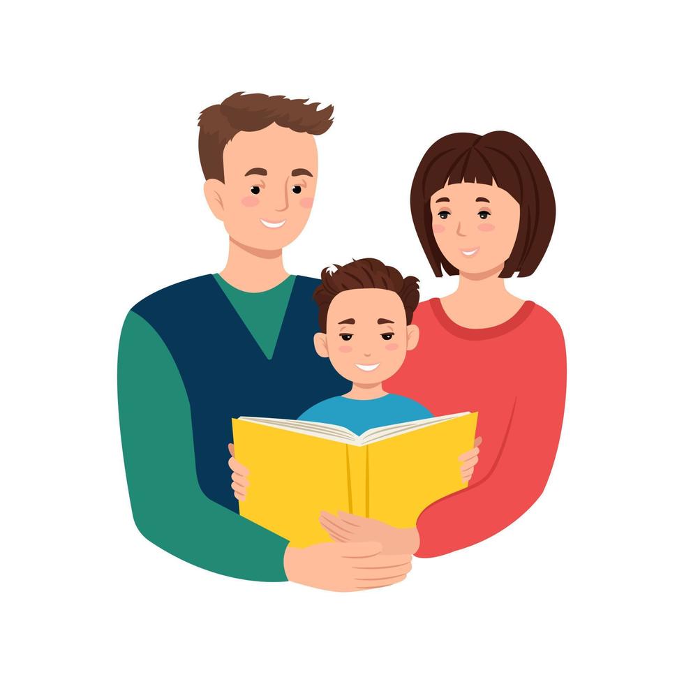 Family reading a book, parents and child with a book in their hands. Vector illustration in flat style. Cartoon, isolated character