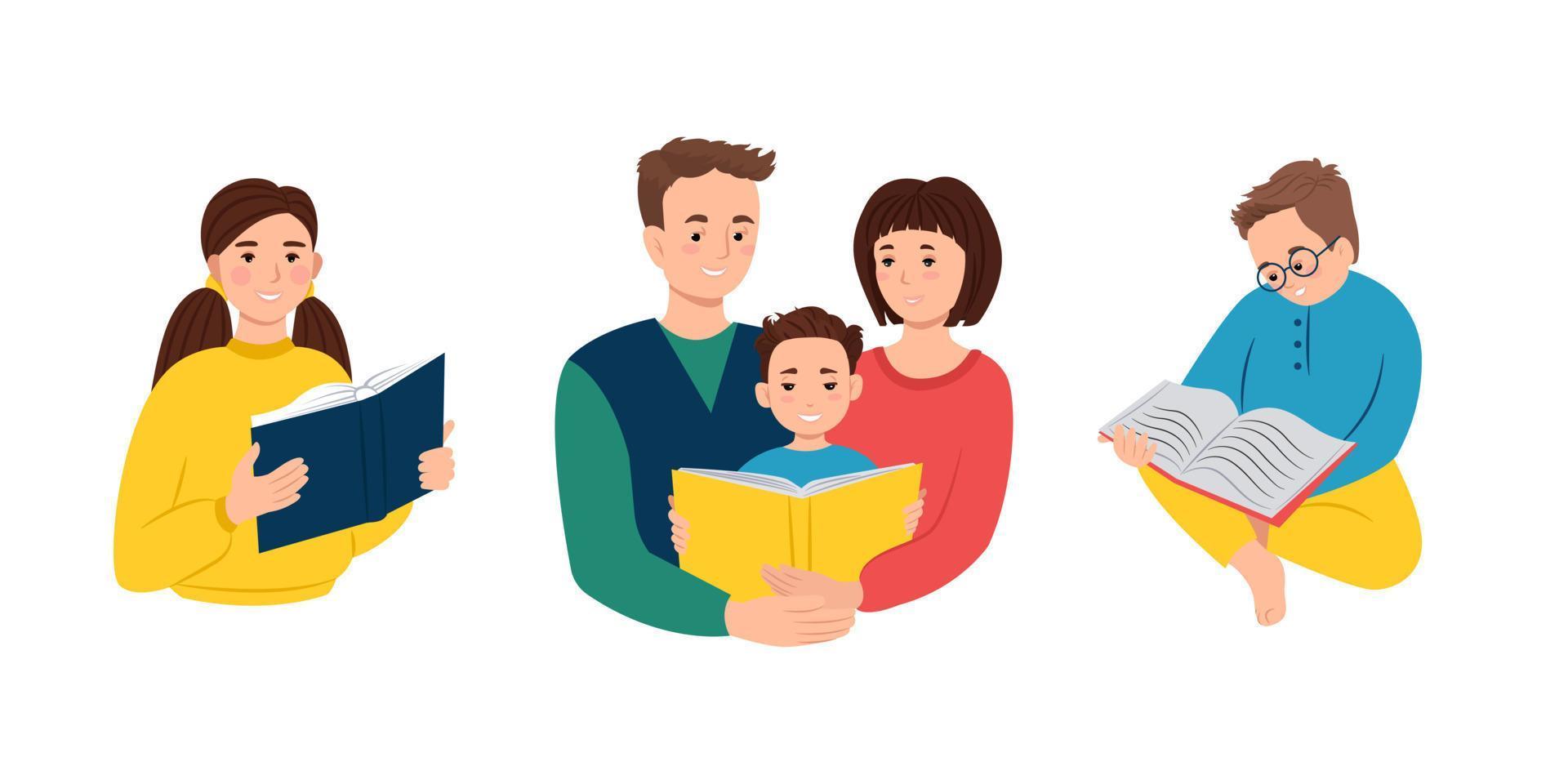 conjunto de personajes con un libro, padres con un niño leyendo un libro, niños con libros, ilustración vectorial. clipart. vector