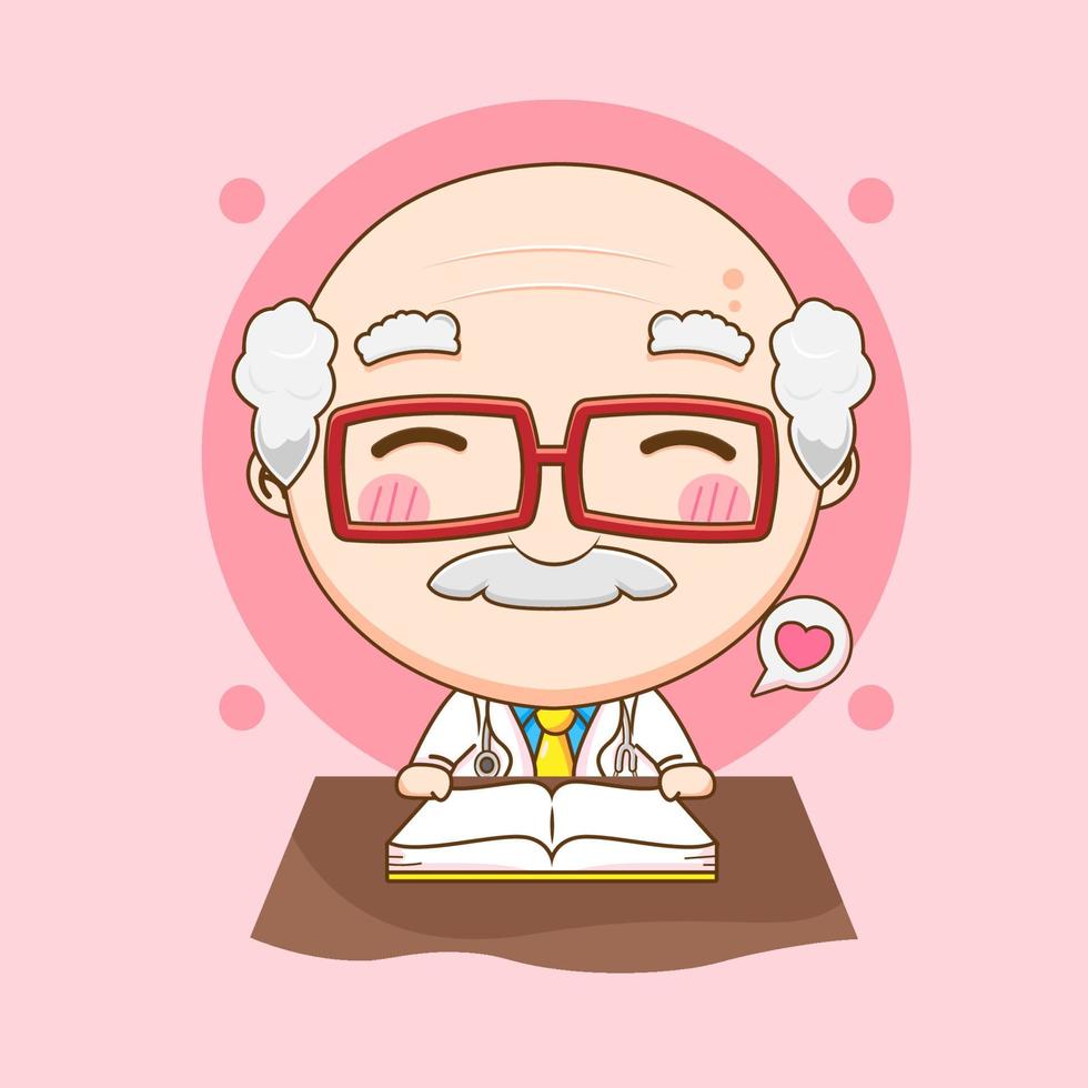 lindo doctor leyendo libro chibi personaje ilustración vector