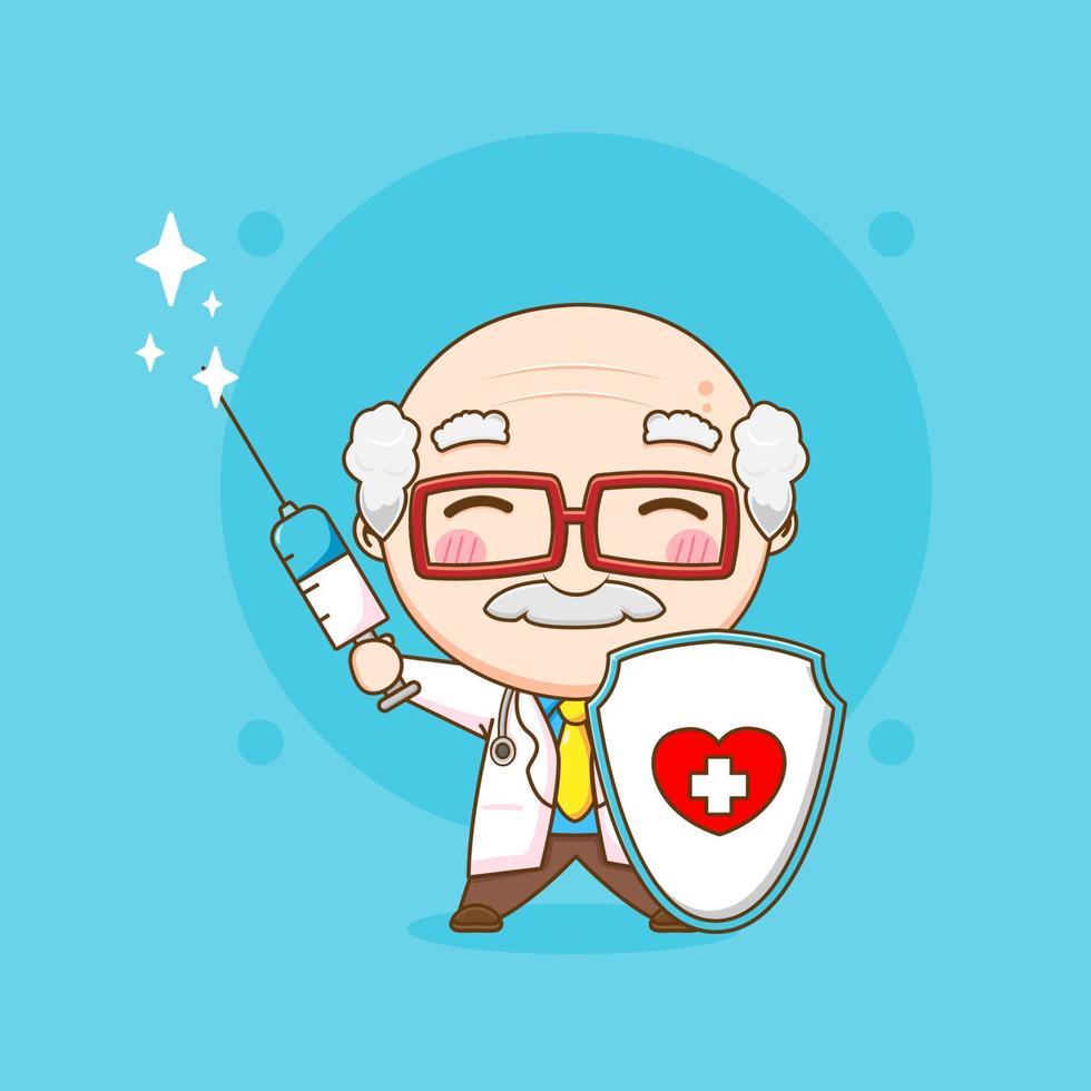 Cute Doctor holding shield and injection chibi character illustration vector