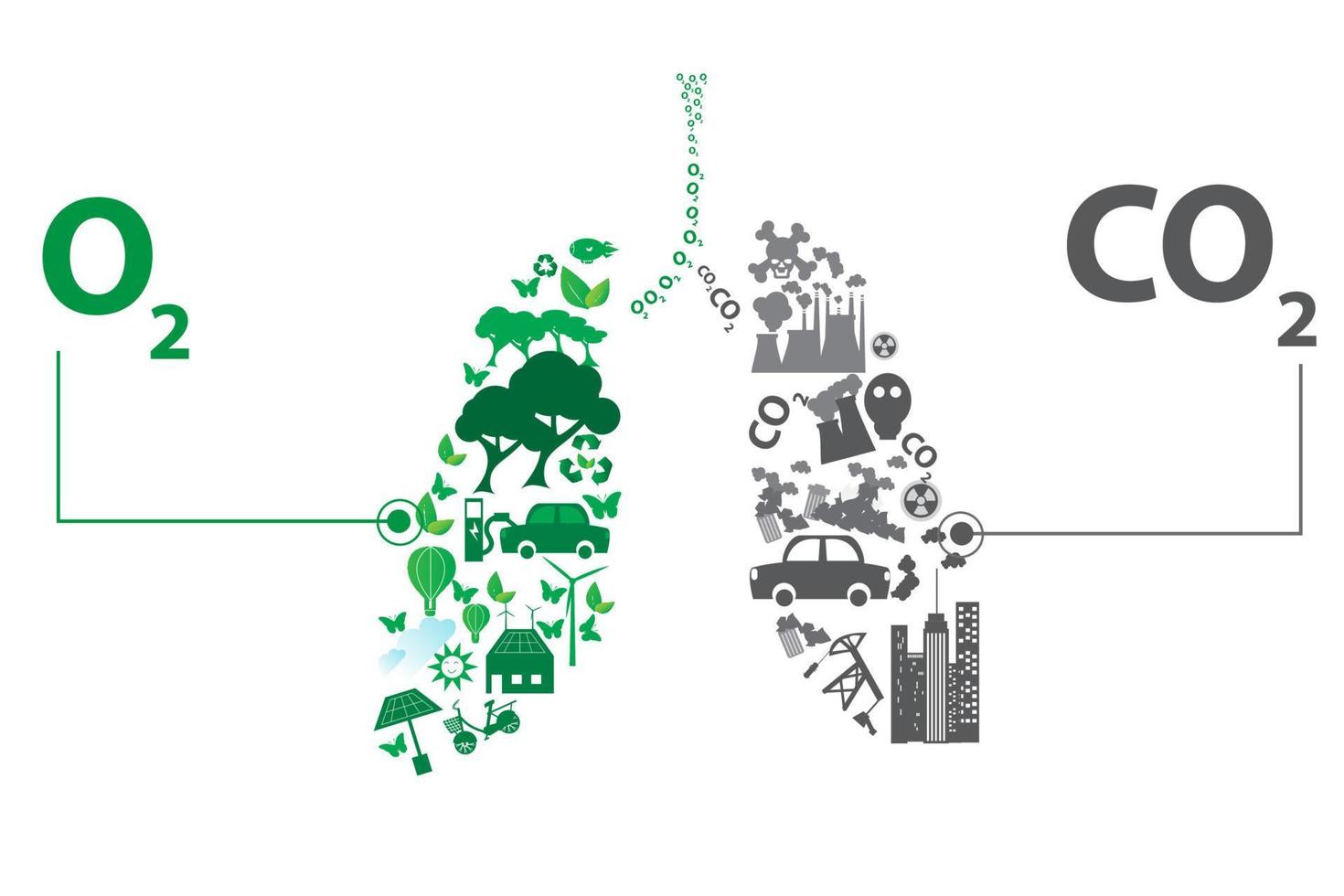 Opuestos de ciudad verde con elementos de concepto de pulmón ecológico. Elemento de naturaleza de ecología ambiental. Vida de ecosistema gráfico creativo. icono de vida silvestre idea de contaminación global diseño infográfico ilustración vectorial vector