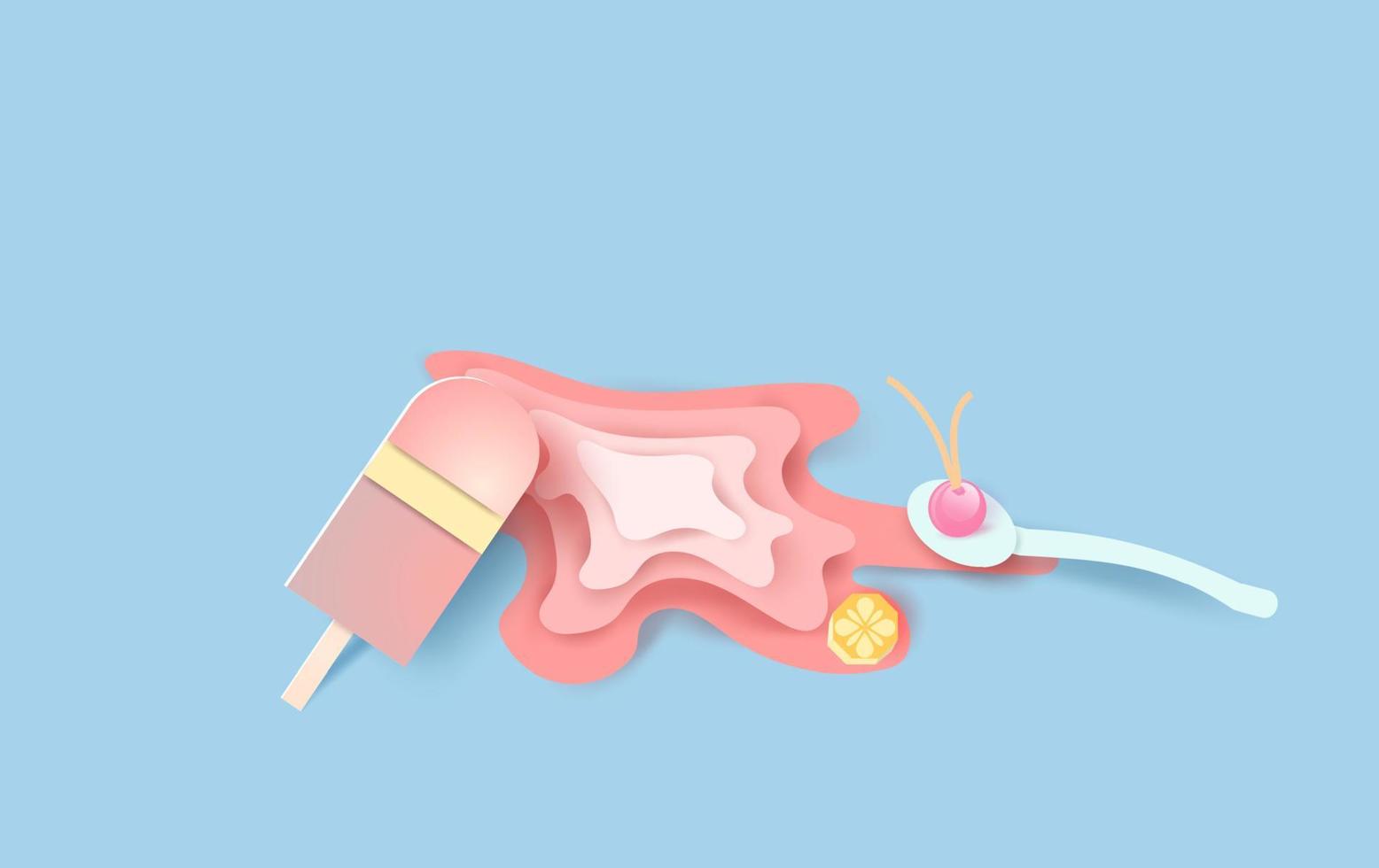 Arte de papel 3d y artesanía de palitos de helado con delicioso sabor rosa y rojo derritiéndose. Cuchara aislada, cerezas y polígono naranja en helado. Fondo de temporada de verano para poster.vector.Ilustración vector