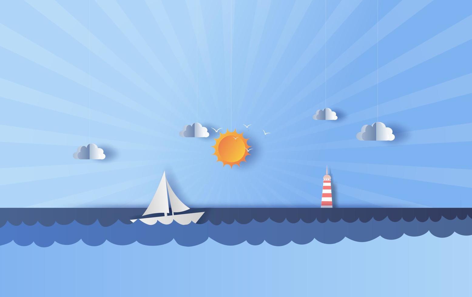 ilustración de vistas al mar con un velero flotante bajo el sol claro que ilumina el cielo azul.temporada de verano del paisaje.cartel de verano con impresión.arte de papel y estilo artesanal en círculo con sombra.vector vector