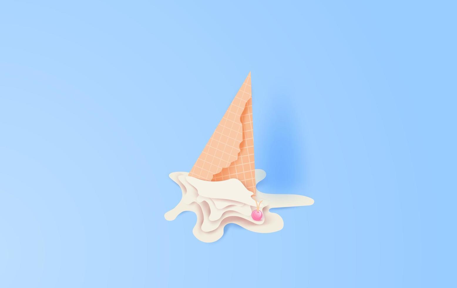 3d paper art and craft of Cute cone white vanilla ice cream fall to ground. cherries fall on ice cream melting on blue color pastel background.graphic design vector and illustration concept