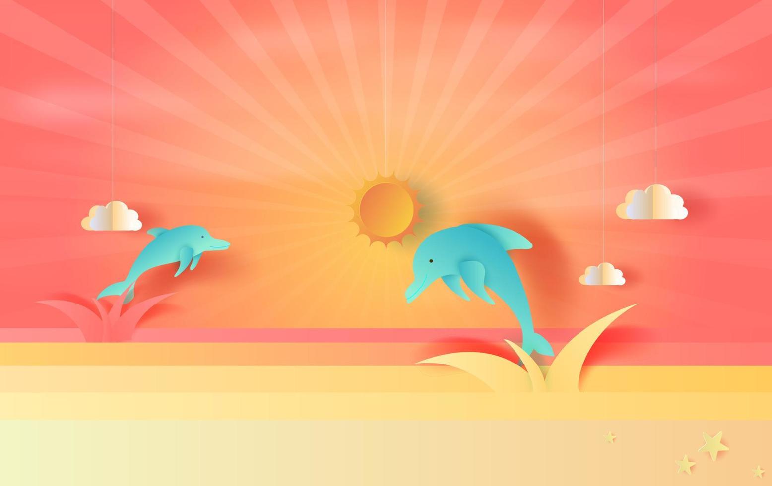 ilustración de la vista del paisaje marino con delfines saltando y nubes al atardecer hermoso.fondo de la temporada de verano con tono pastel de color rojo anaranjado.arte de papel 3d y estilo artesanal.vector para póster vector