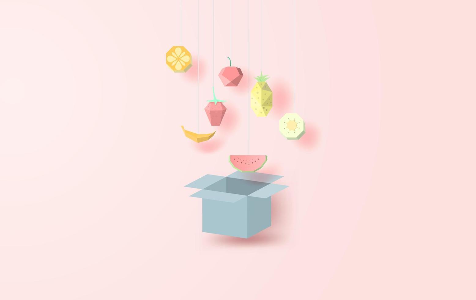 ilustración de muchas frutas coloridas colgadas en la caja abra la tapa.colección geométrica poligonal 3d estilo de arte de papel frutas, triángulos, manzana, plátano, naranja, fresa, piña, sandía, kiwi.vector vector