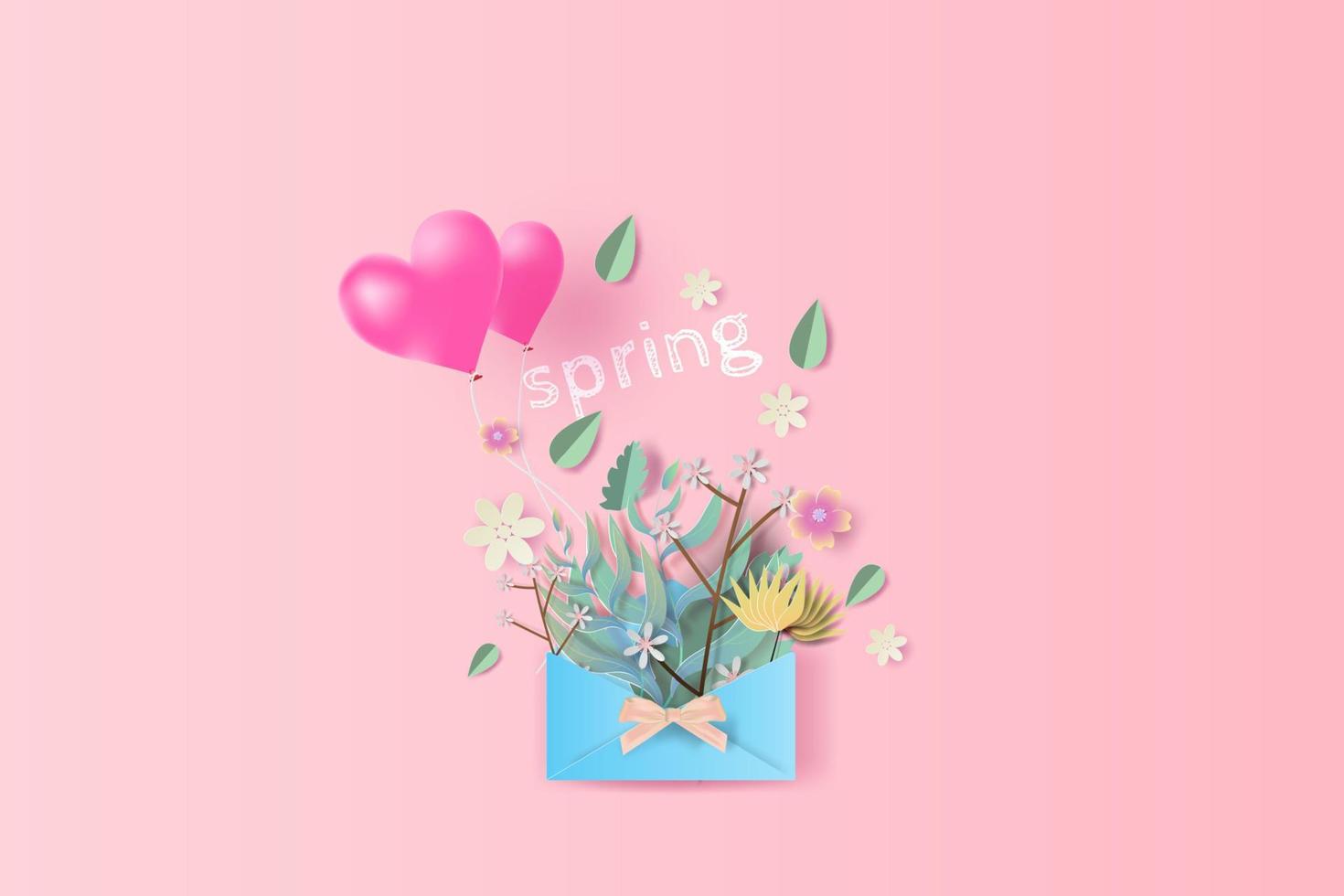 Paper art of graphic design bouquet with springtime season text.Paper letters and packages of Bouquet flowers,leaf and balloon heart for text placed on pink pastel color backgroun.vector,illustration. vector