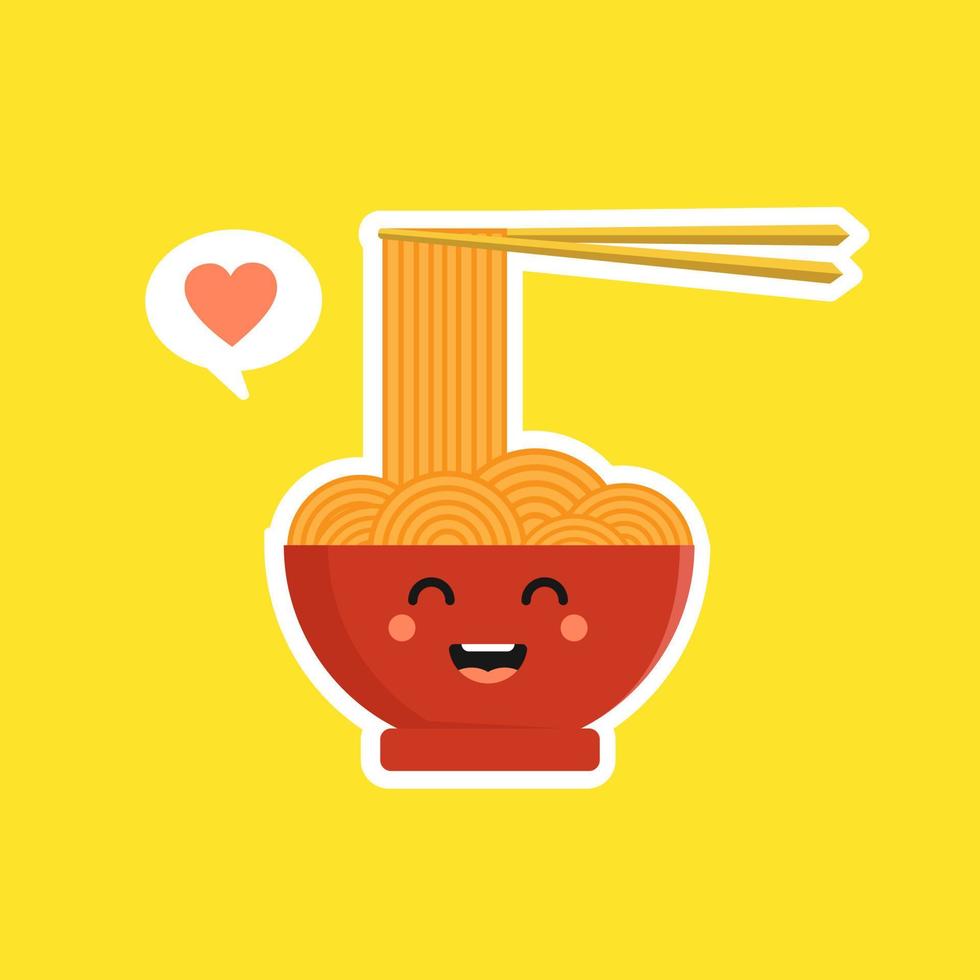 lindo y kawaii ramen bowl personaje en estilo plano. fideos con ilustración de personaje de dibujos animados de palillos con emoji y expresión. se puede usar para restaurante, resto, mascota, chino. japonés, asiático vector