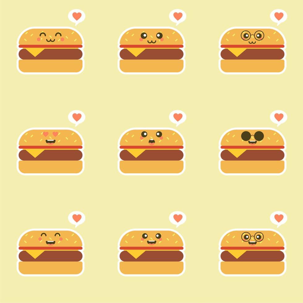 Burger. Cute and kawaii fast food vector character set isolated on color background