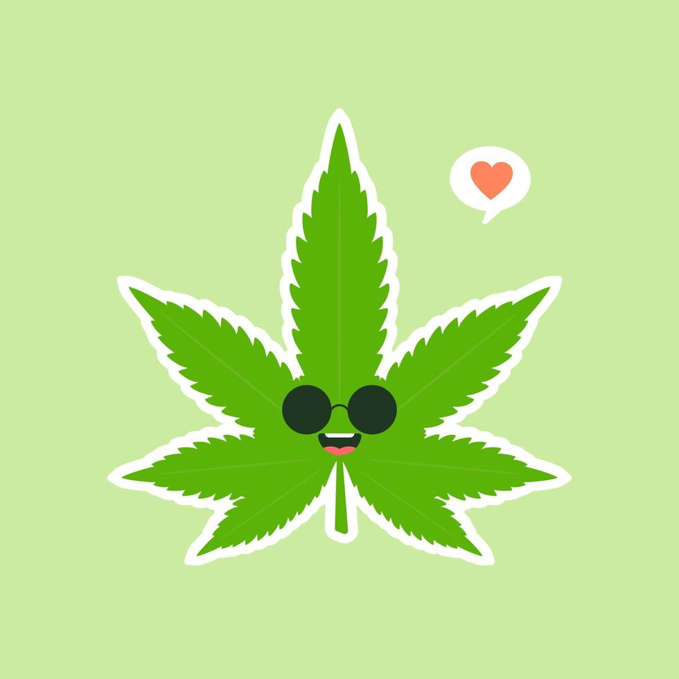 cara de hoja verde de hierba de marihuana feliz sonriente linda y kawaii. diseño de icono de ilustración de personaje de dibujos animados plano vectorial. aislado sobre fondo de color. marihuana ganja, cannabis medicinal y recreativo vector