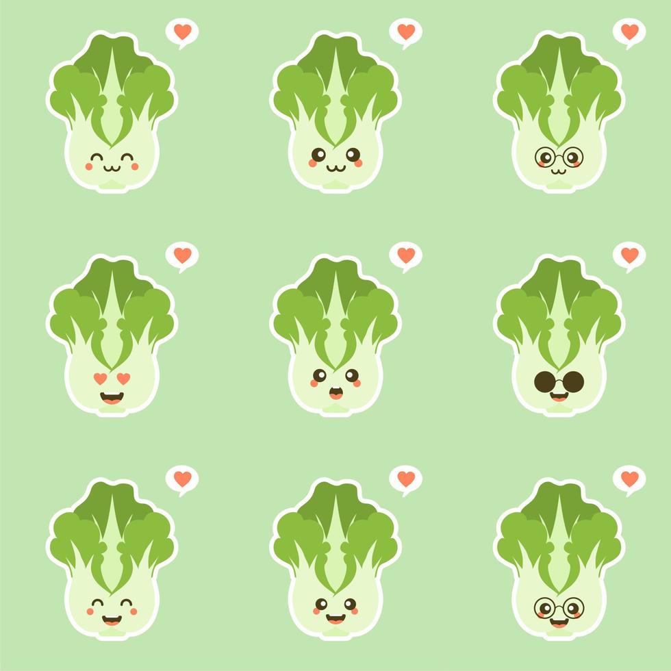 cute and kawaii Chinese cabbage character . Vegetables. Natural food, vegetarian, vegan and healthy nutrition. Flat vector illustration on a color background.