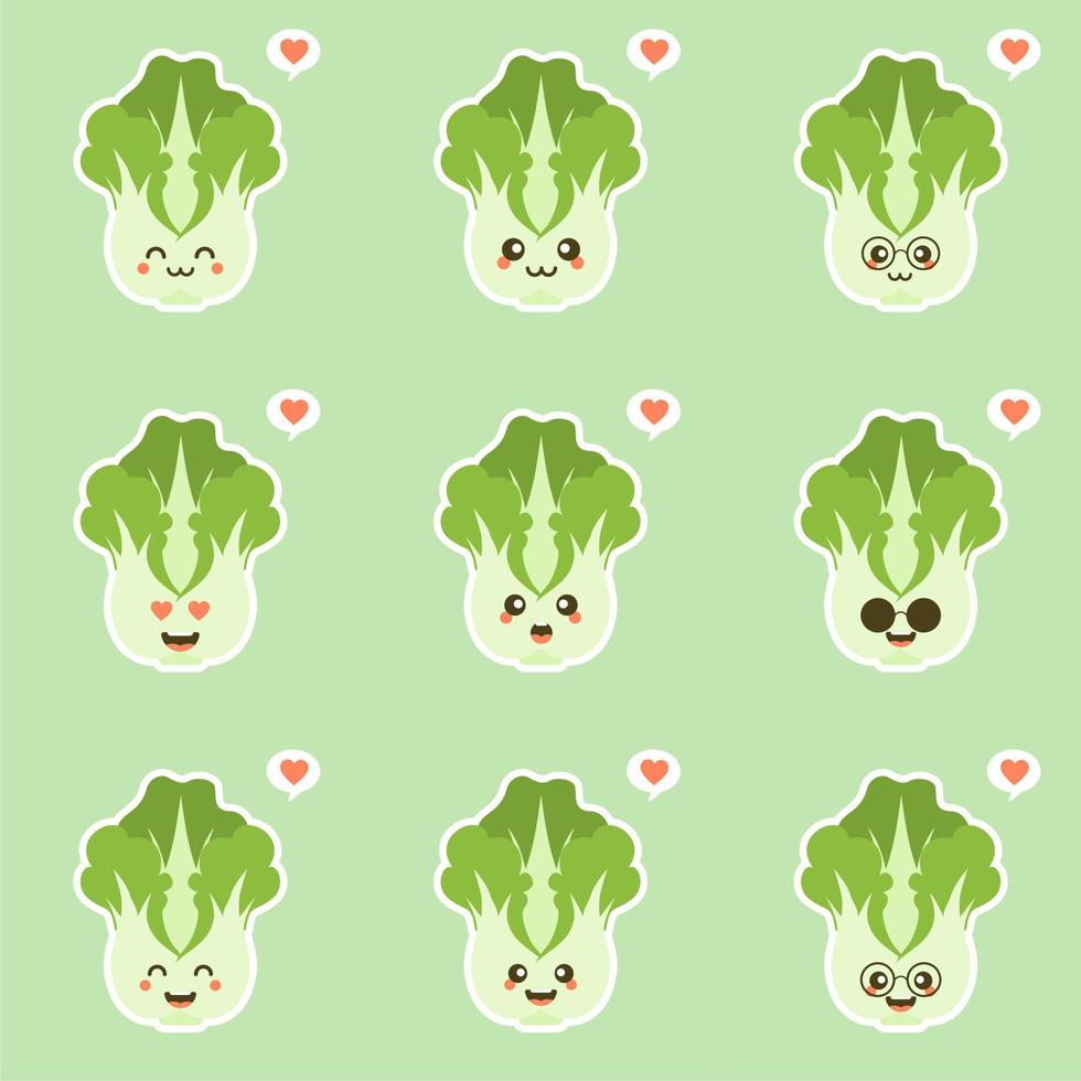 lindo y kawaii personaje de repollo chino. verduras. comida natural, vegetariana, vegana y nutrición saludable. ilustración de vector plano sobre un fondo de color.