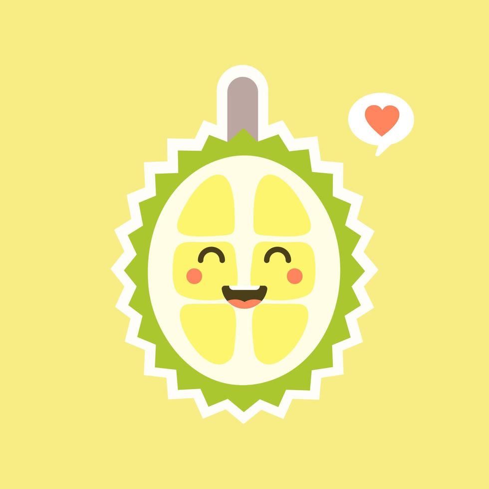 Funny and kawaii durian fruits. Cute Durian character with face expression and emoji . Vector illustration. Use for card, poster, banner, web design and print on t-shirt. Easy to edit.