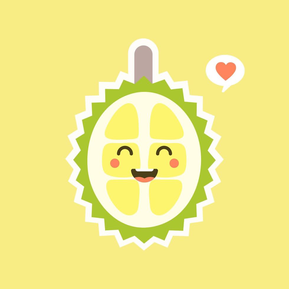 frutas durián divertidas y kawaii. lindo personaje durian con expresión facial y emoji. ilustración vectorial uso para tarjeta, afiche, pancarta, diseño web e impresión en camiseta. fácil de editar vector