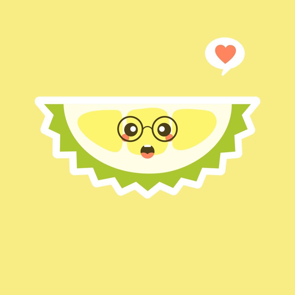 Funny and kawaii durian fruits. Cute Durian character with face expression and emoji . Vector illustration. Use for card, poster, banner, web design and print on t-shirt. Easy to edit.