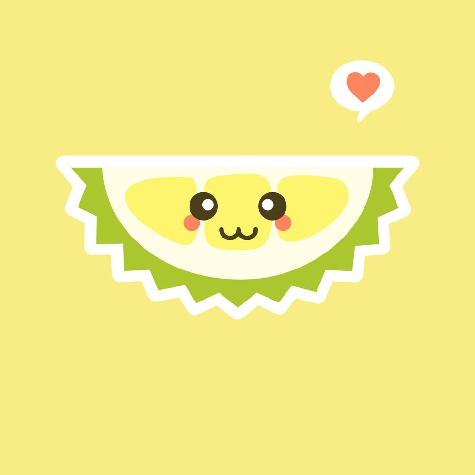 frutas durián divertidas y kawaii. lindo personaje durian con expresión facial y emoji. ilustración vectorial uso para tarjeta, afiche, pancarta, diseño web e impresión en camiseta. fácil de editar vector