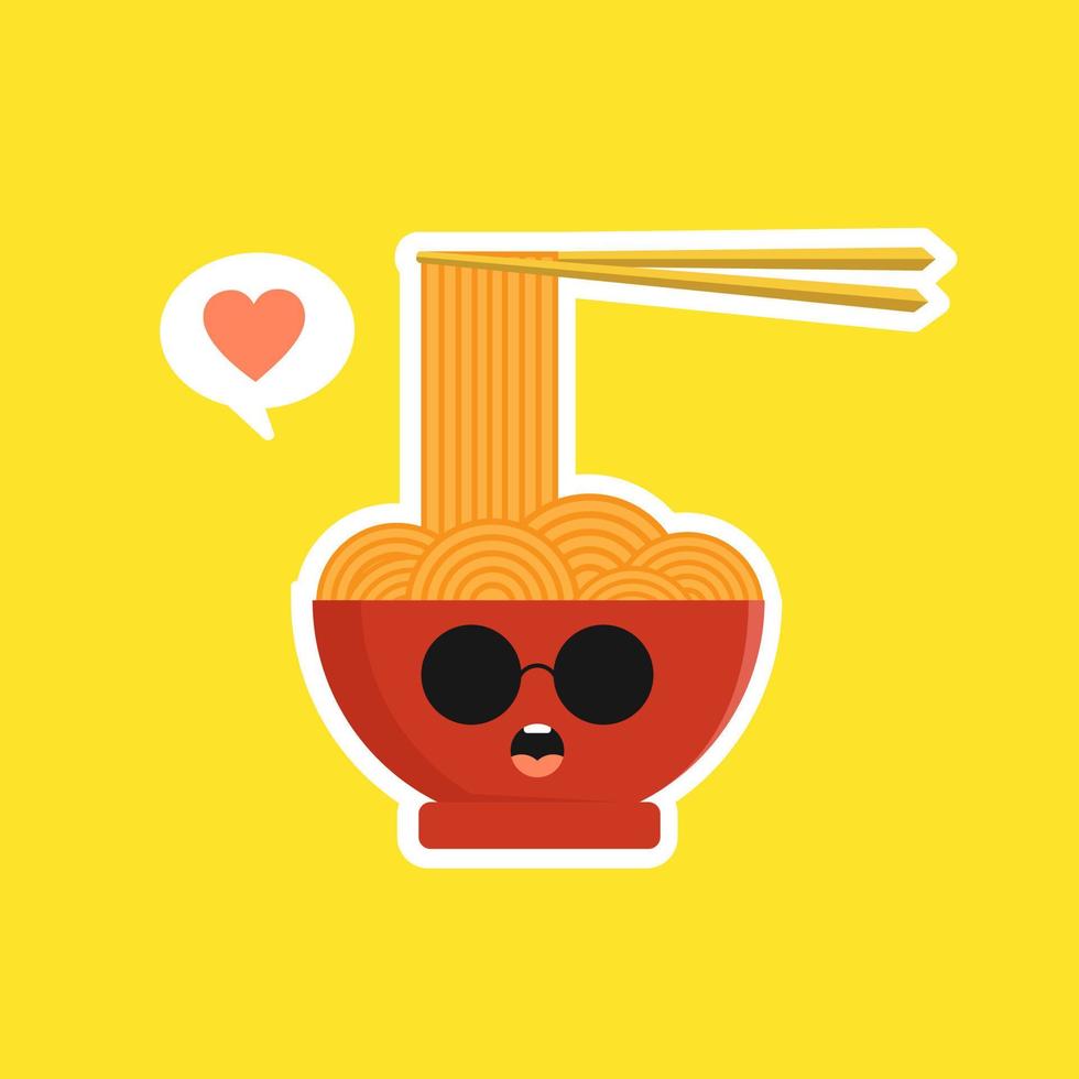 lindo y kawaii ramen bowl personaje en estilo plano. fideos con ilustración de personaje de dibujos animados de palillos con emoji y expresión. se puede usar para restaurante, resto, mascota, chino. japonés, asiático vector