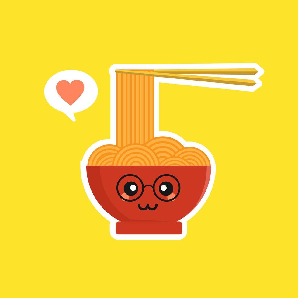 Cute and kawaii ramen bowl character in flat style. Noodle with chopstick cartoon character illustration with emoji and expression. Can use for restaurant, resto, mascot, chinese. japanese, asian vector