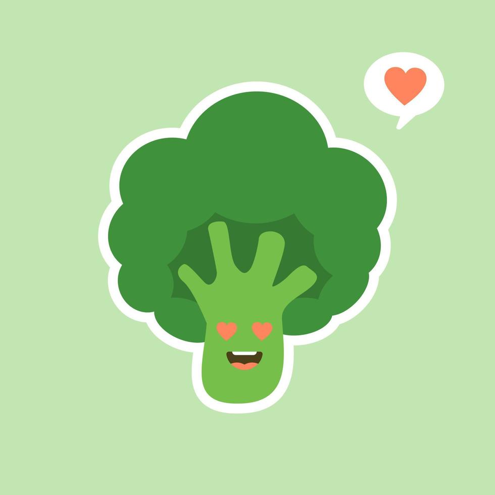 vector funny cartoon cute green smiling broccoli character isolated on color background. vegetable broccoli. Fresh green Vegetable, Vegetarian, vegan Healthy organic food.