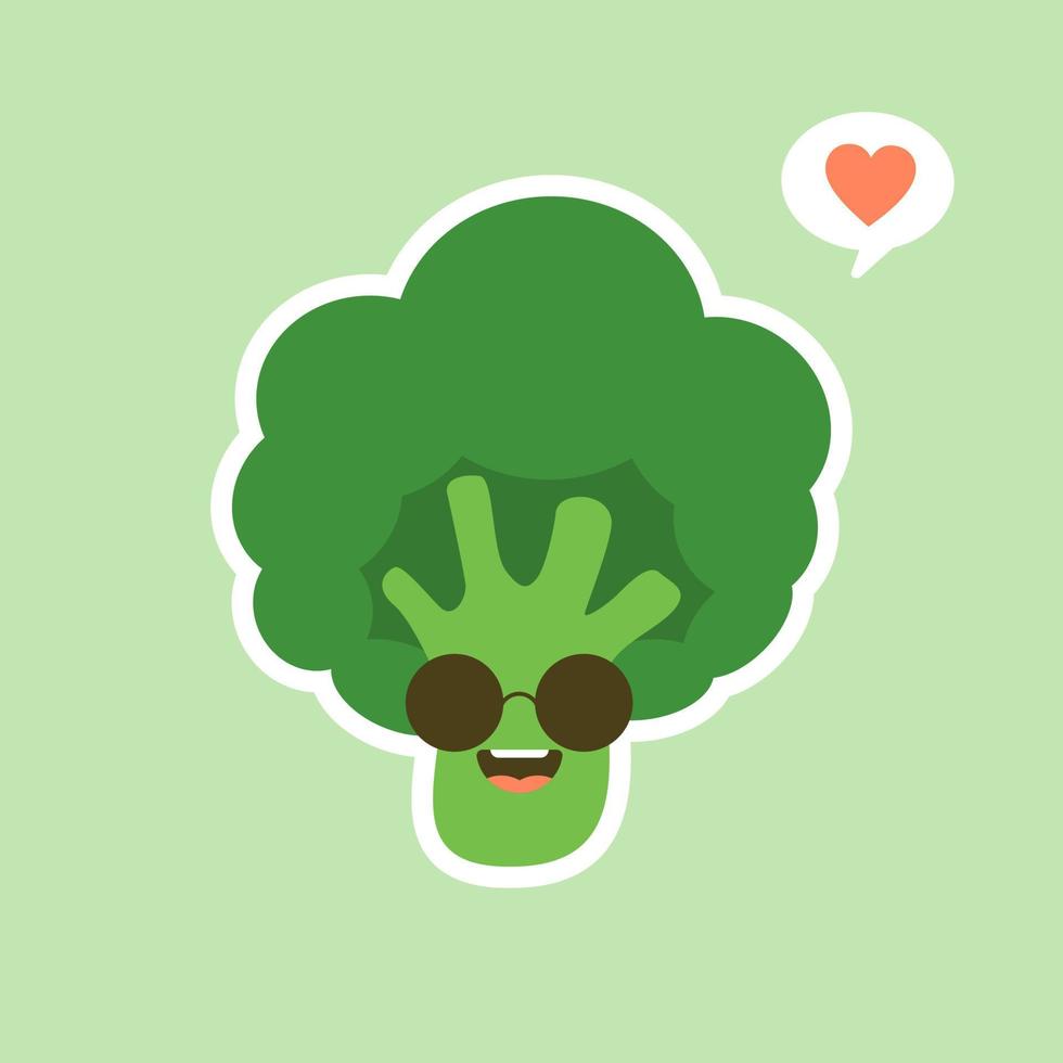 vector funny cartoon cute green smiling broccoli character isolated on color background. vegetable broccoli. Fresh green Vegetable, Vegetarian, vegan Healthy organic food.