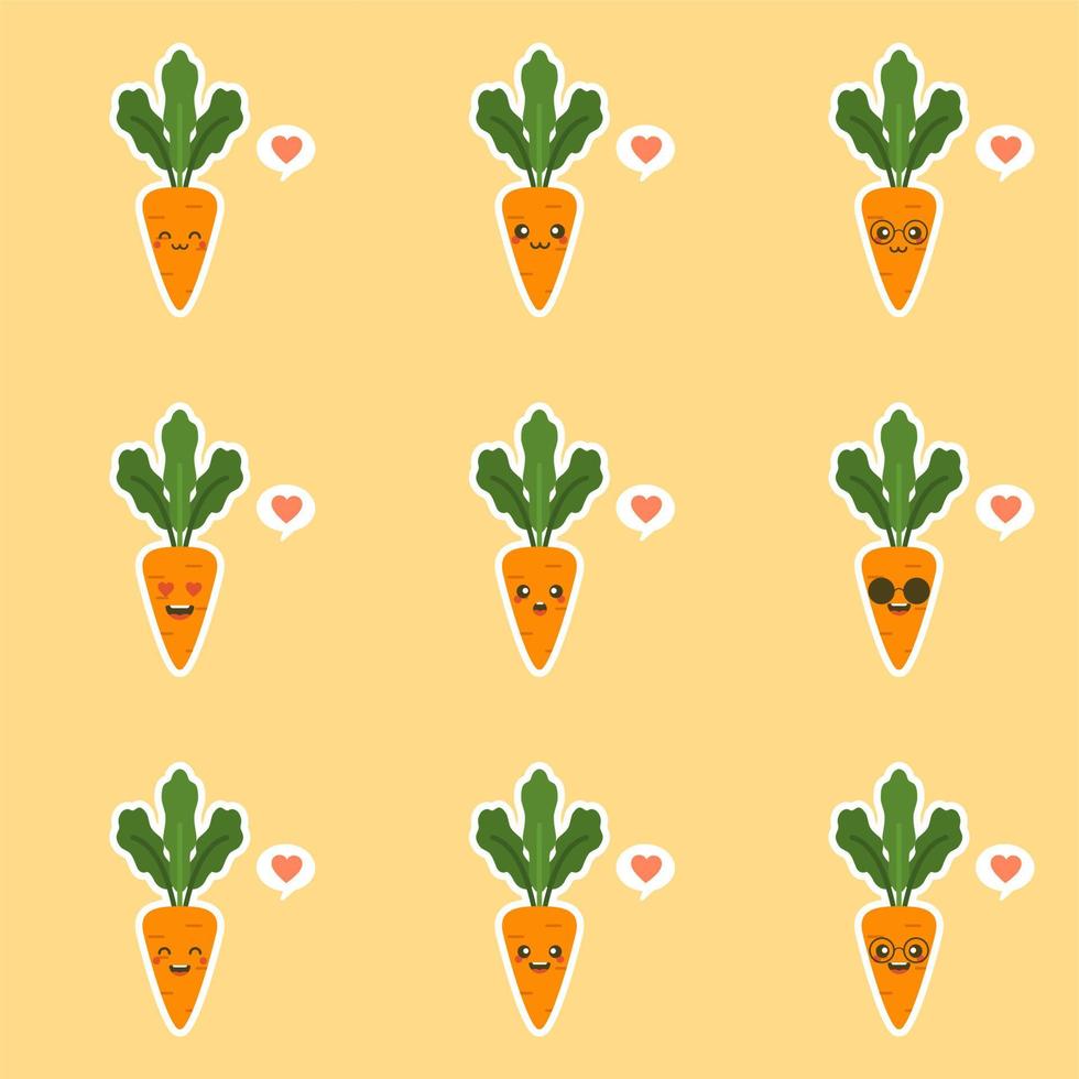 kawaii cute carrot cartoon character. Carrot cartoon in flat style, cute smiling character for healthy food poster, zero waste eco lifestyle, vegetarian eat, restaurant menu, cafe logo, Vegan vector