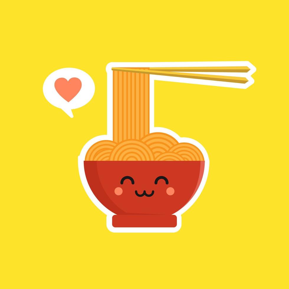 lindo y kawaii ramen bowl personaje en estilo plano. fideos con ilustración de personaje de dibujos animados de palillos con emoji y expresión. se puede usar para restaurante, resto, mascota, chino. japonés, asiático vector